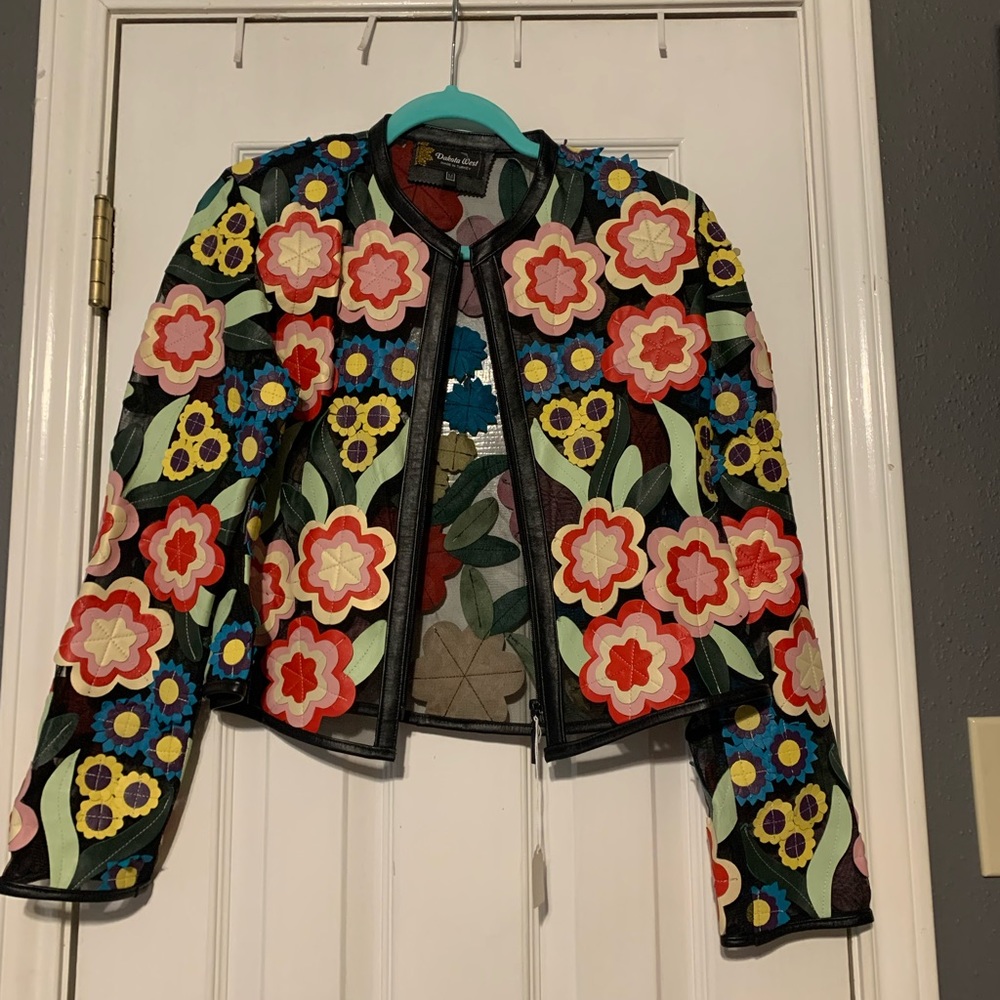 Leather flower appliqué jacket, size M